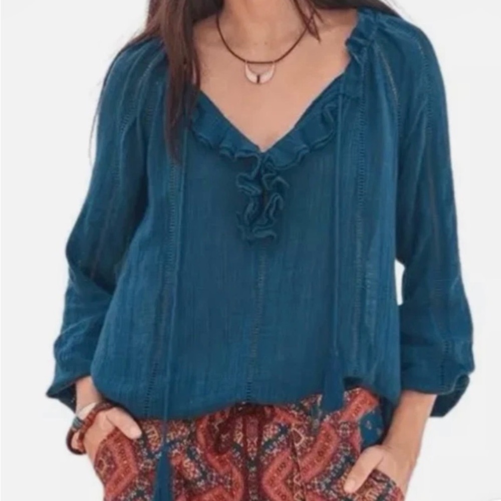 Sundance Teal Cotton Blend Ruffle Gauze Blouse Size M Boho Festival